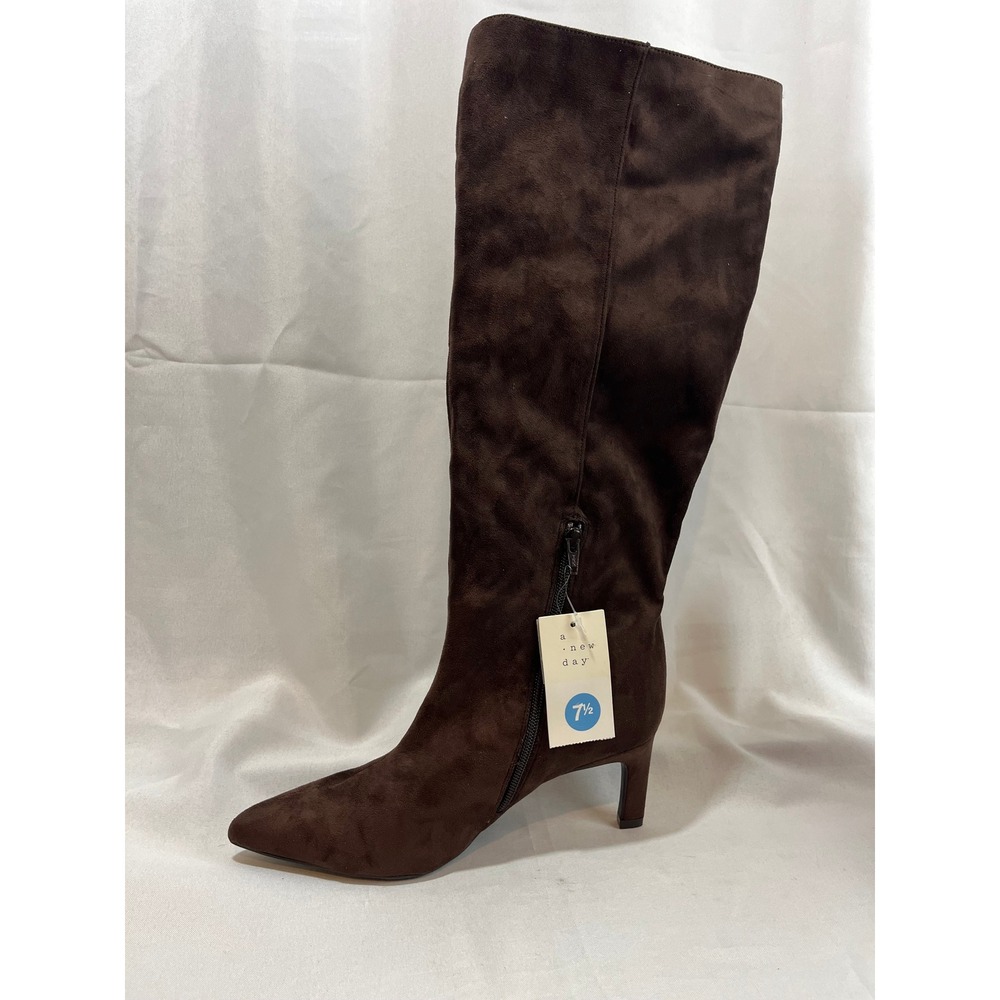 A New Day Womens Faux Suede Pointed Toe Kitten Heel Tall Dress Boots Brown 7.5 - Picture 4 of 7